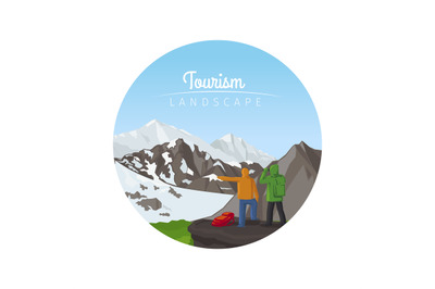 Tourism landscape with mountains circle icon