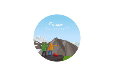 Tourism landscape circle icon with mountains