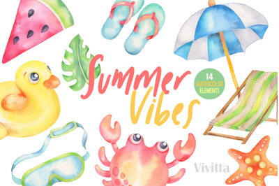 Summer vibes watercolor clipart beach pool elements