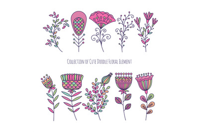 Collection of cute doodle floral elements