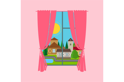 Pink window curtain with city landscape