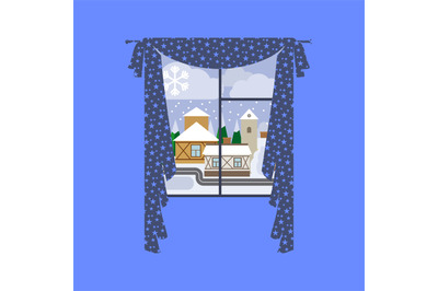 Window curtain with winter city landscape