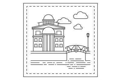 Coloring page with house and bridge