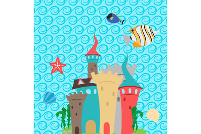 Sea castle and waves pattern wallpaper