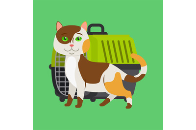 Cartoon cat and carrier