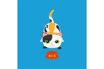 Cartoon cute spotted cat with bowl