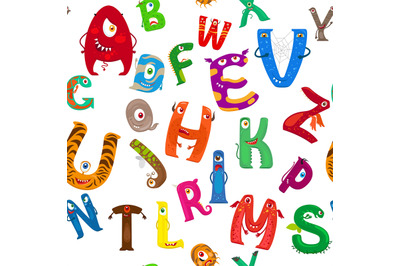 Cartoon monsters alphabet seamless pattern