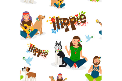 Hippie people and dog seamless pattern