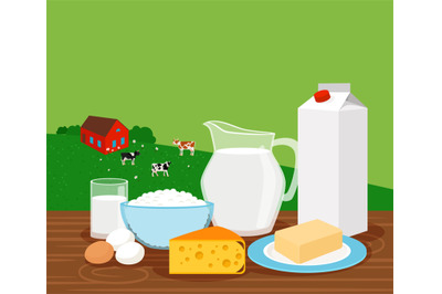Farm landscape with milk products banner