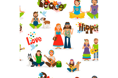 Hippie people seamless pattern