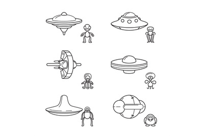 Thin line aliens with spaceships icons