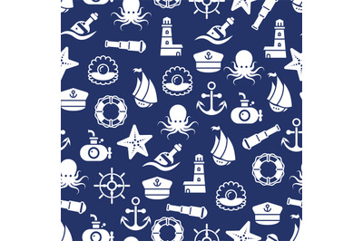 Ocean or sea seamless pattern with anchor boat bottle shell octopus