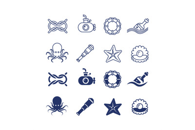 Sea ocean nautical thin line and silhouette icons