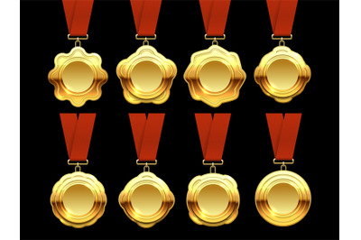 Gold medals vector collection on red ribbons