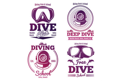 Bright diving school or dive club emblem set design