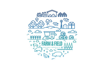 Bright rural landscape and agriculture farming thin line icons - organ