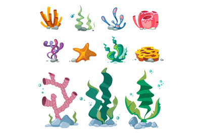 Bright seaweeds aquarium decoration cartoon vector set isolated on whi