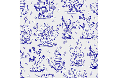 Doodle seaweeds and coralls seamless pattern