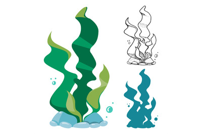 Doodle, silhouette and cartoon seaweeds set