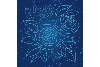 Hand drawn blue roses and stars