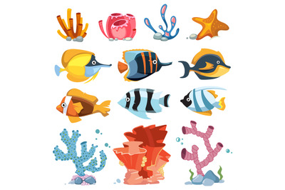 Vector cartoon aquarium decor objects - underwater plants, bright fish