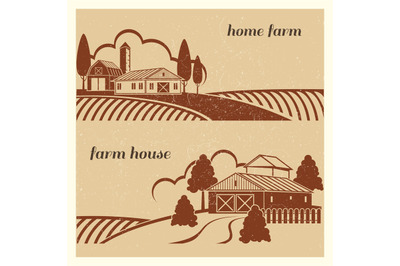 Vintage countryside landscape with farm scene - grunge farm houses emb