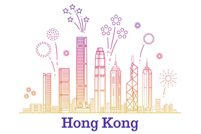 Hong kong city vector panorama with colorful festive fireworks