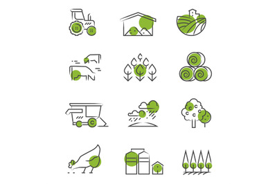 Thin line farm icons set