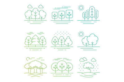 Bright nature forest landscape thin line icons isolated on white