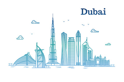 Colorful detailed dubai line vector cityscape with skyscrapers