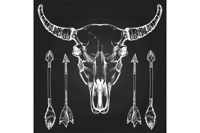 Hand drawn buffalo skull and arrows