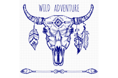 Hand drawn buffalo skull with feathers and arrows - wild adventures po