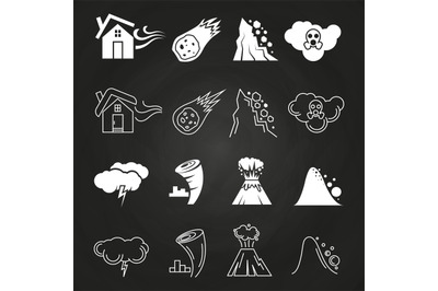 Natural disaster icons on chalkboard