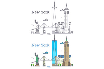 New York city outline skyline&2C; nyc line silhouette&2C; usa tourist and tr