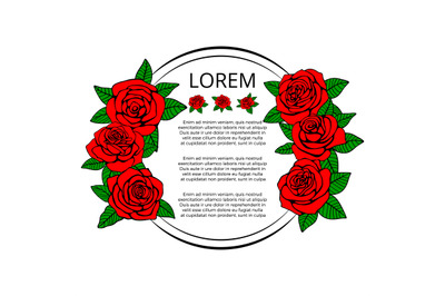 Banner with red roses and green leaves