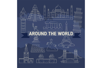 Around the world linear icons - famous landmarks