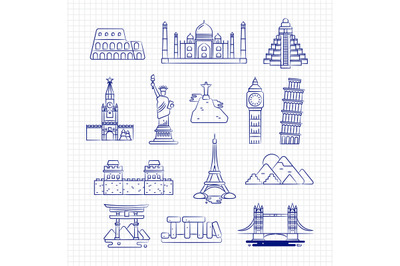 Ballpoint drawing international country linear landmark vector on note