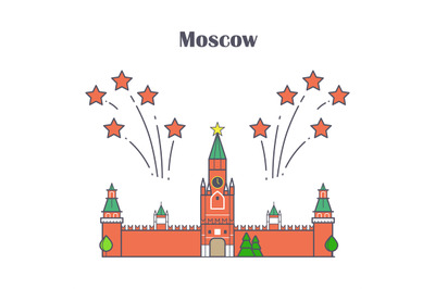 Linear Moscow Kremlin with red stars fireworks