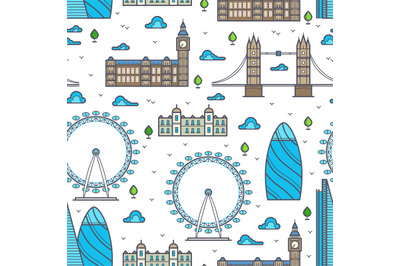 Line London bridges, skylines and sights seamless pattern