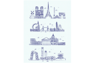 Popular word cities outline panorama on notebook page