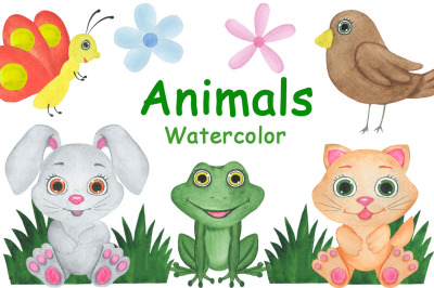 Animals watercolor childish illustration