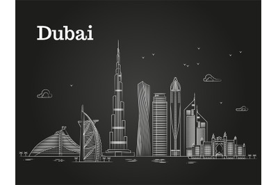 White linear Dubai panorama with skylines and famous buildings
