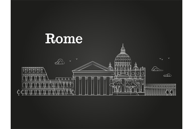 White linear Rome panorama with famous buildings, sights