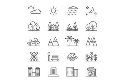 Nature landscape line vector elements and houses. Outline trees and mo