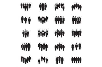Human persons crowd vector black icons. Office people figures signs
