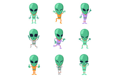 Funny cartoon aliens vector green humanoid characters