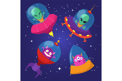 Cartoon funny aliens with ufo in duck starry sky vector set