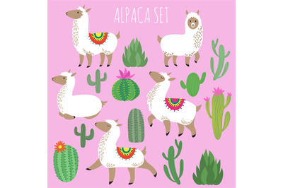 Mexican white alpaca lamas and desert plants vector set