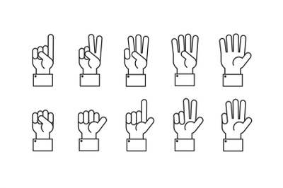 Hand with counting fingers vector line symbols