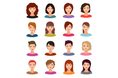 Female portraits. Young woman heads with various hairstyle vector avat